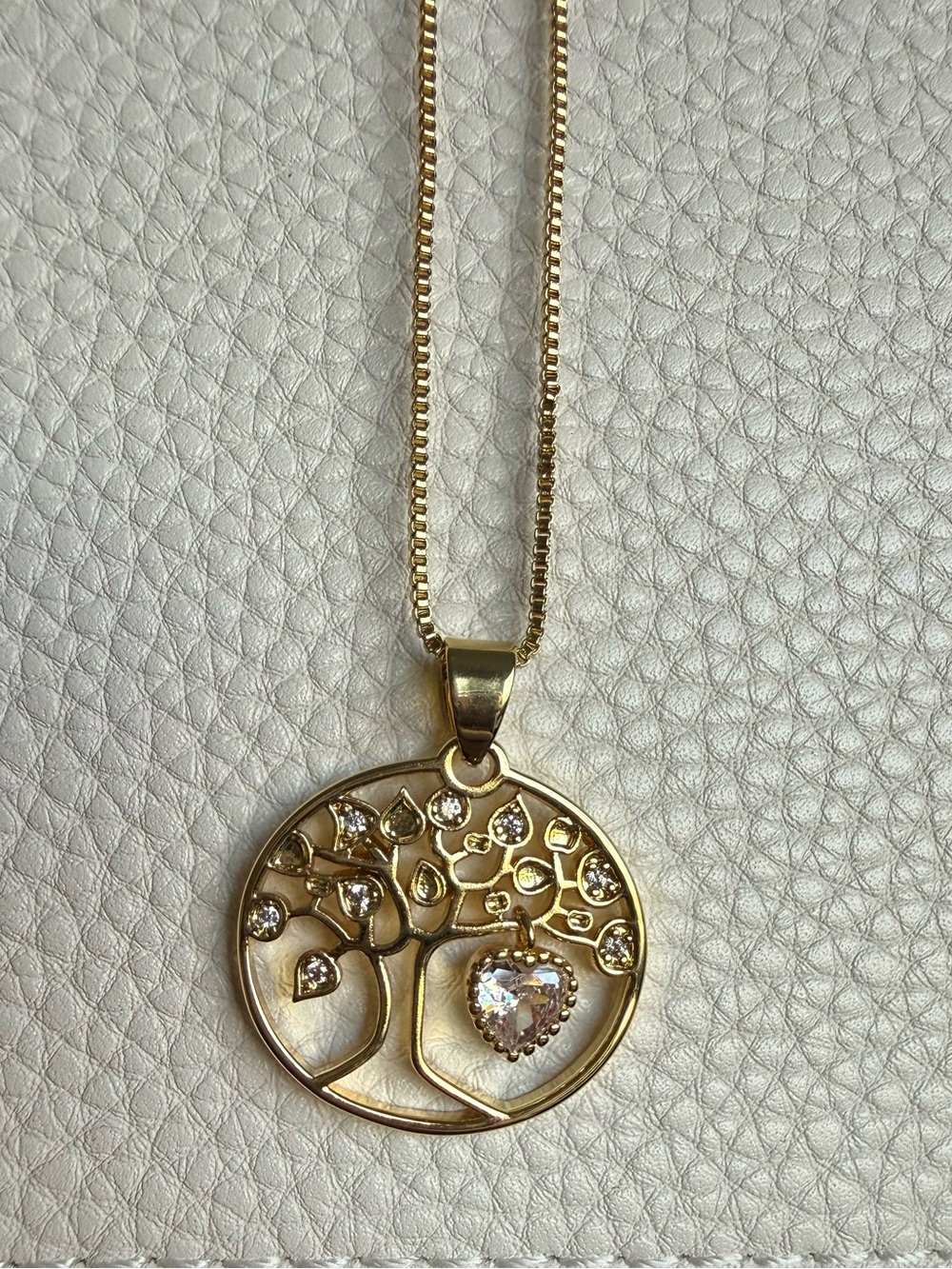 Gold-Filled Tree of Life Pendant Necklace with Heart Crystal NEW